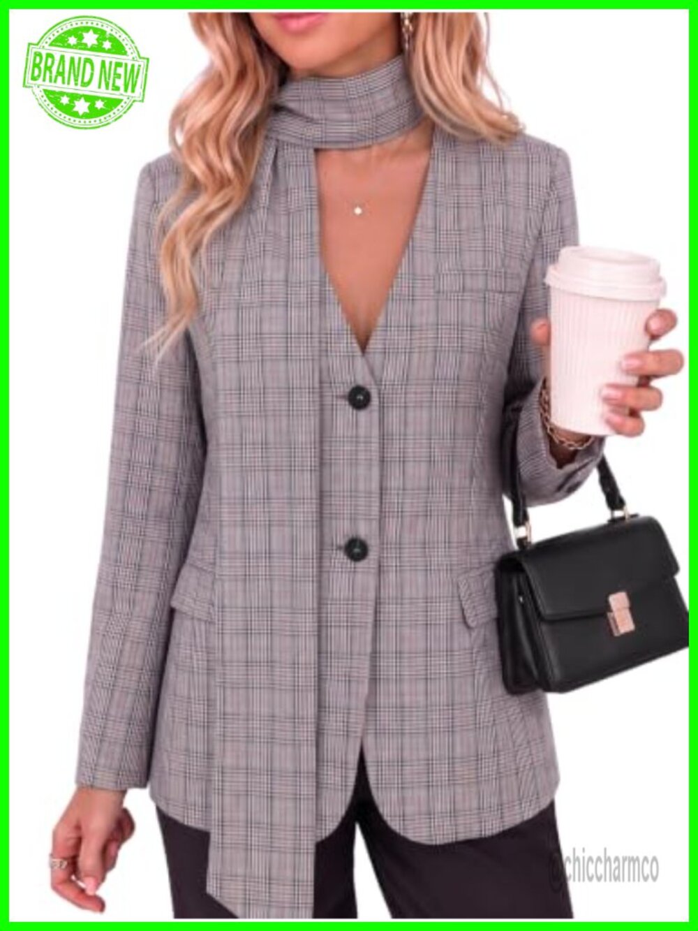 Womens Casual Plaid Blazer V Neck Button Down Suit Jacket with Scarf